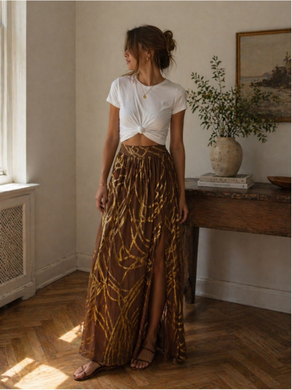 RACHEL ZOE Brown Gold Maxi Skirt Size 2
